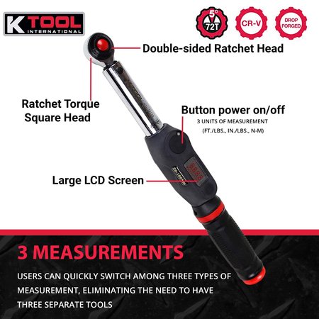 K-TOOL INTERNATIONAL Digital Torque Wrench 3/8" Drive, 72 Teet KTI72133